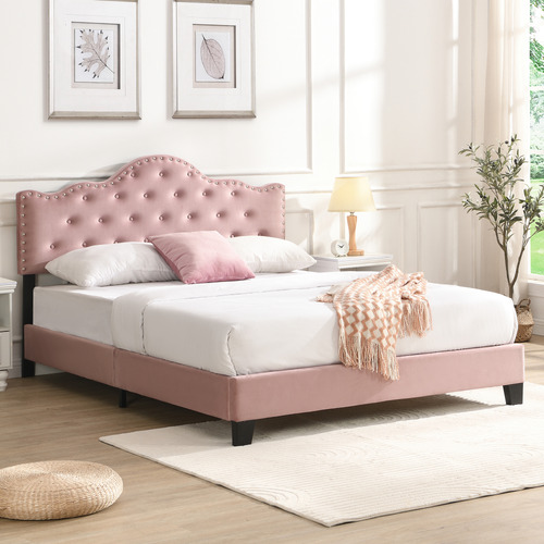 EvieHome Pink Holt Button Tufted Velvet Bed Frame Temple Webster